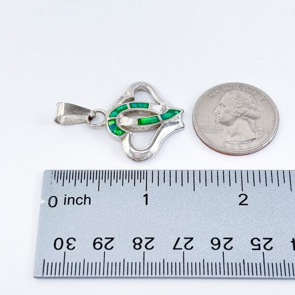 Vintage Sterling Silver 925 Green Opal Inlay Heart Pendant - Picture 6 of 6